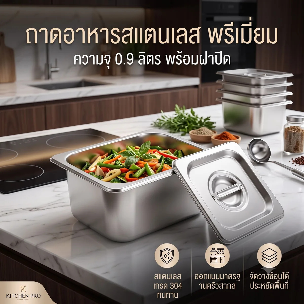 ถาดหลุมใส่อาหาร สแตนเลส 0.9 ลิตร HT จุลังละ 140 ชิ้น