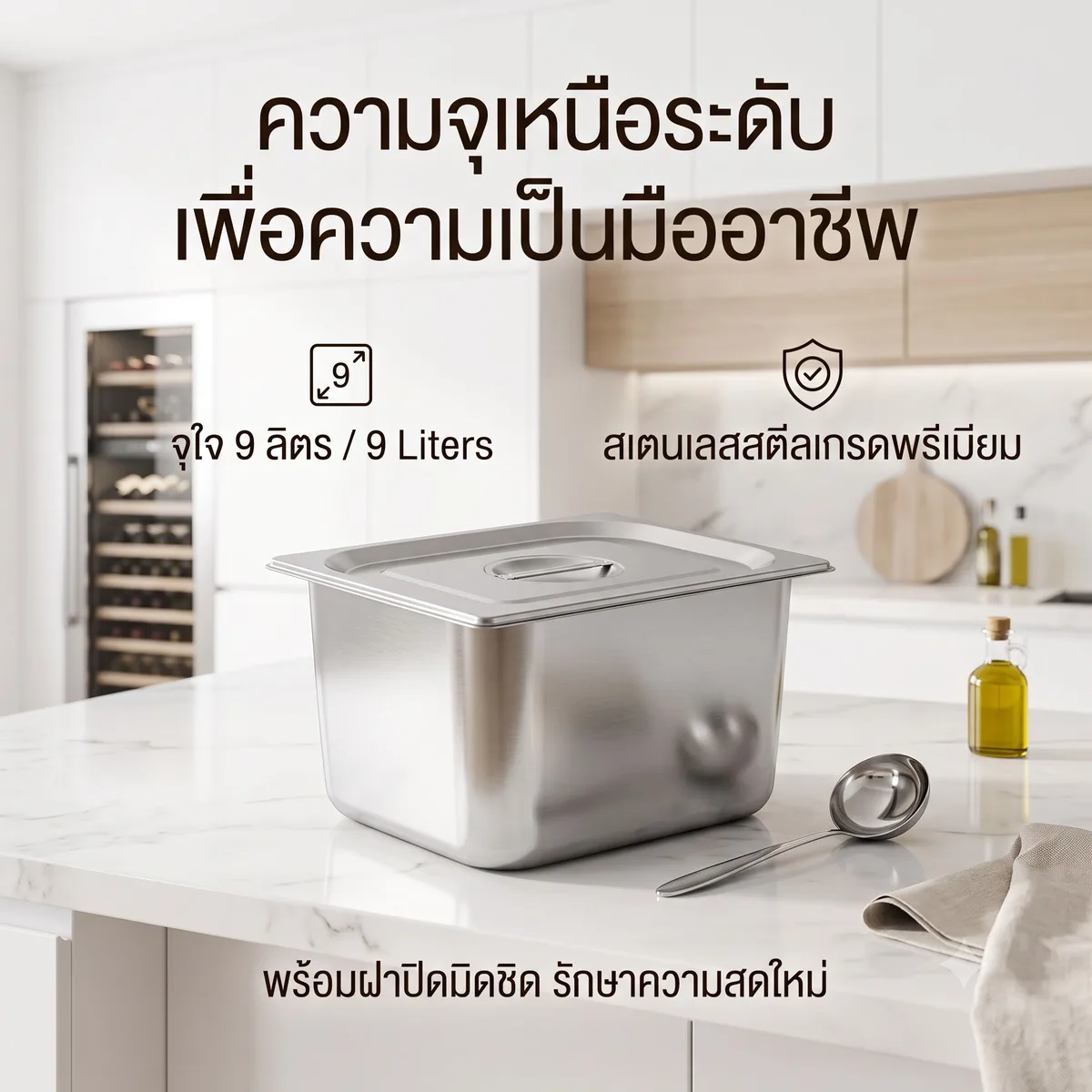 ถาดหลุมใส่อาหาร สแตนเลส 9 ลิตร HT จุลังละ 60 ชิ้น