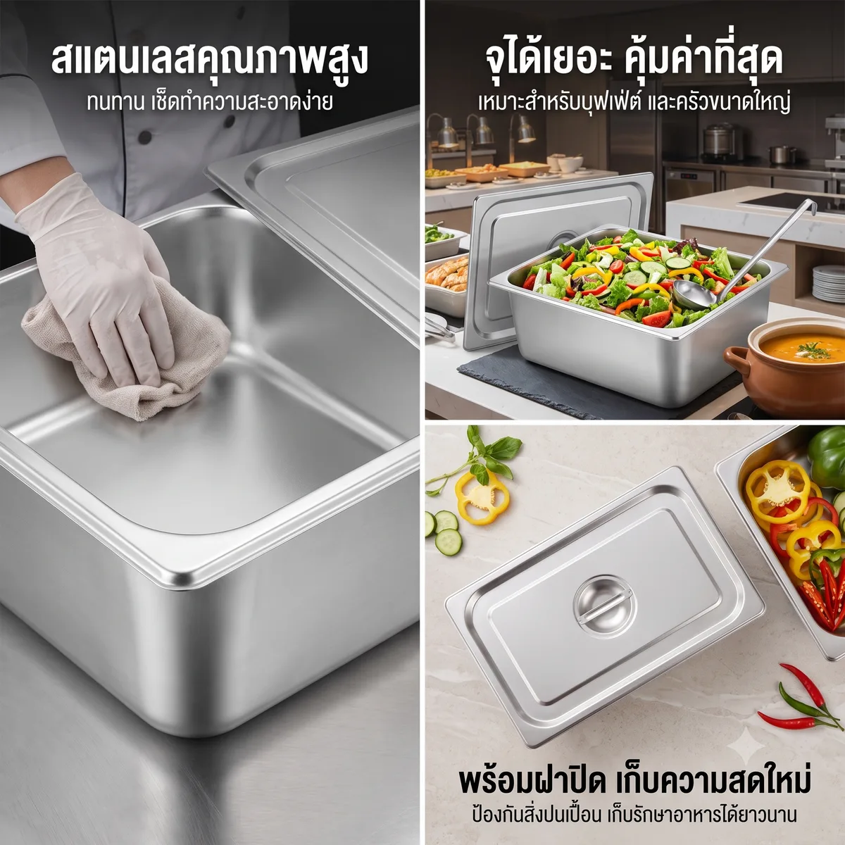 ถาดหลุมใส่อาหาร สแตนเลส 19.5 ลิตร HT จุลังละ 25 ชิ้น