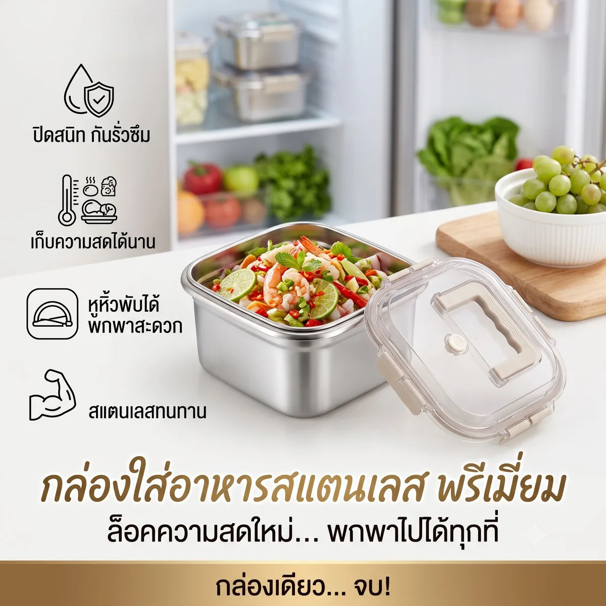 กล่องใส่อาหารสแตนเลส 2200ML HT จุลังละ 80 ชิ้น