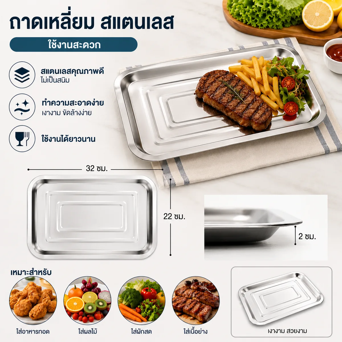 ถาดเหลี่ยม สแตนเลส 32*22*2 YU จุลังละ 350 ชิ้น