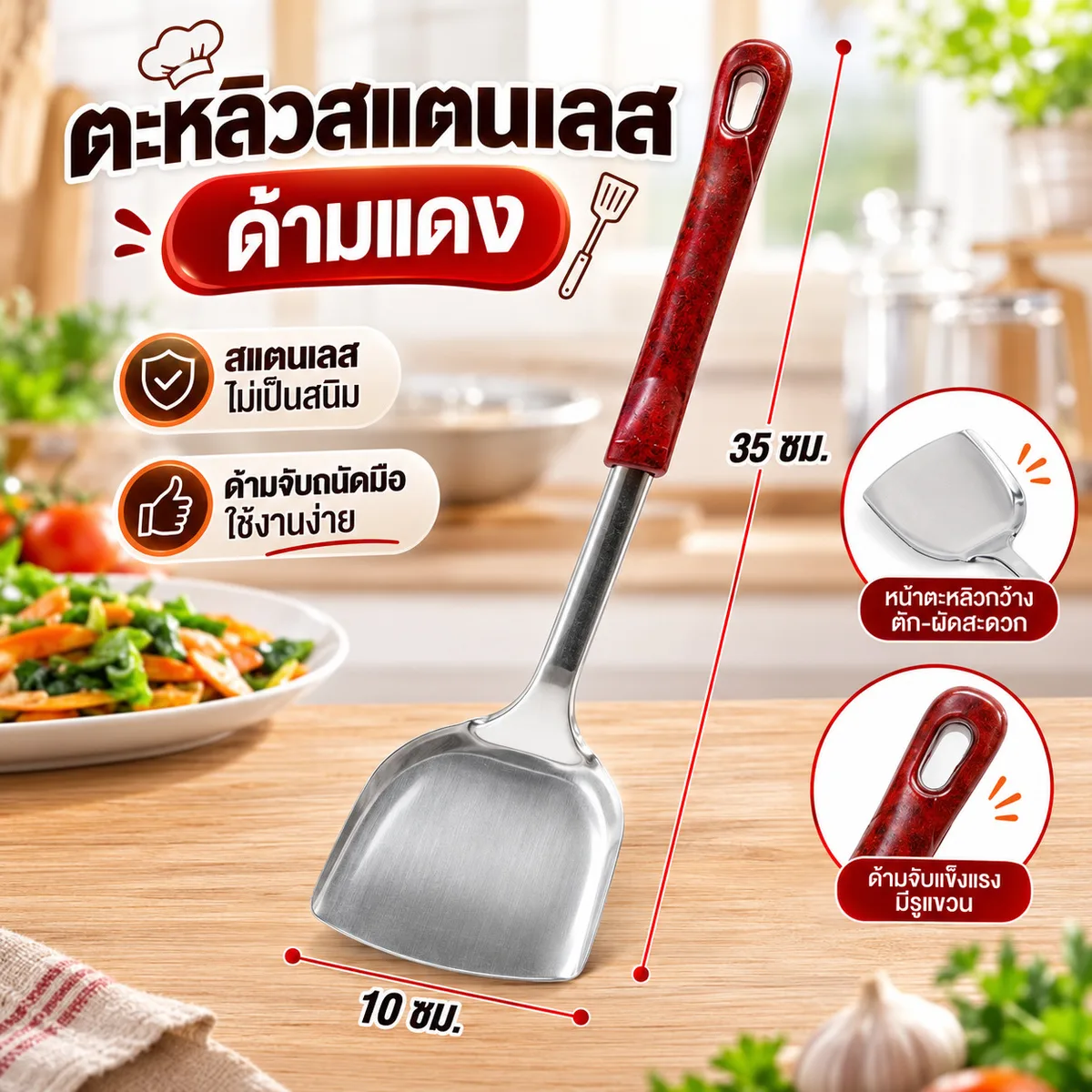 ตะหลิวสแตนเลส ด้ามแดง 12ชิ้น/แพ็ค YUGT จุลังละ 288 ชิ้น